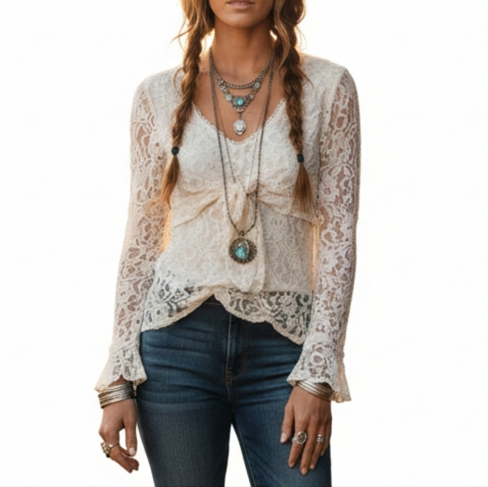 Zena Jeans Vintage Cream Floral Lace Bow Front Top Long Sleeve Small Y2K